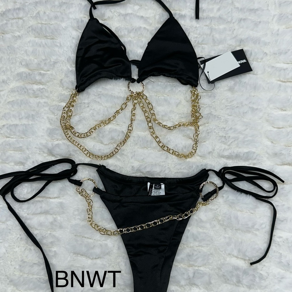 Fashion Nova Black Bikini with Gold Chain Accents